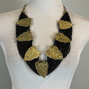 Statement Leaf Bib Necklace Brass Tone Black Beaded Witchy Vtg 80s